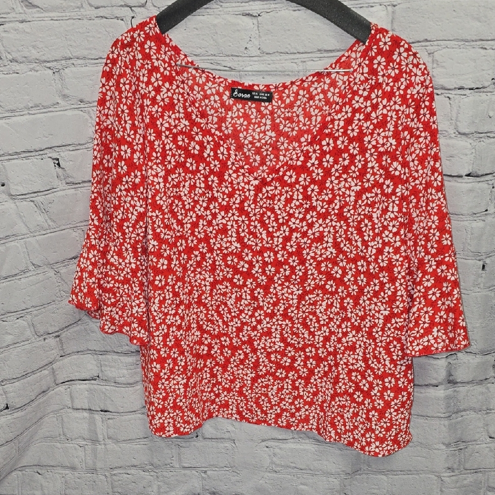 Sason Floral Red and White 3/4 Bell Sleeve Blous, Sz 12